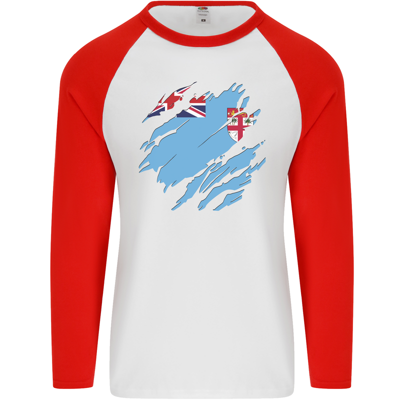 Torn Fiji Flag Fijian Day Football Mens L/S Baseball T-Shirt White/Red