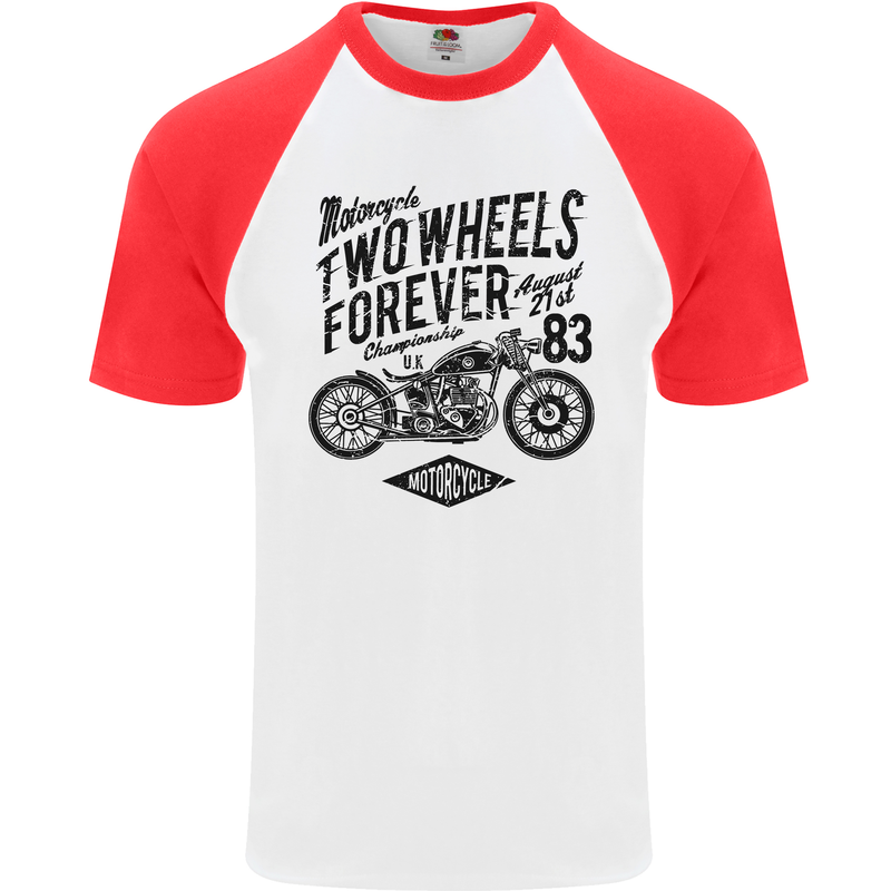 Two Wheels Forever Motorcycle Cafe Racer Mens S/S Baseball T-Shirt White/Red