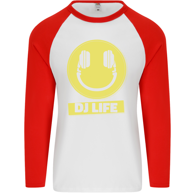 Headphones DJ Life Acid Face Vinyl Decks Mens L/S Baseball T-Shirt White/Red