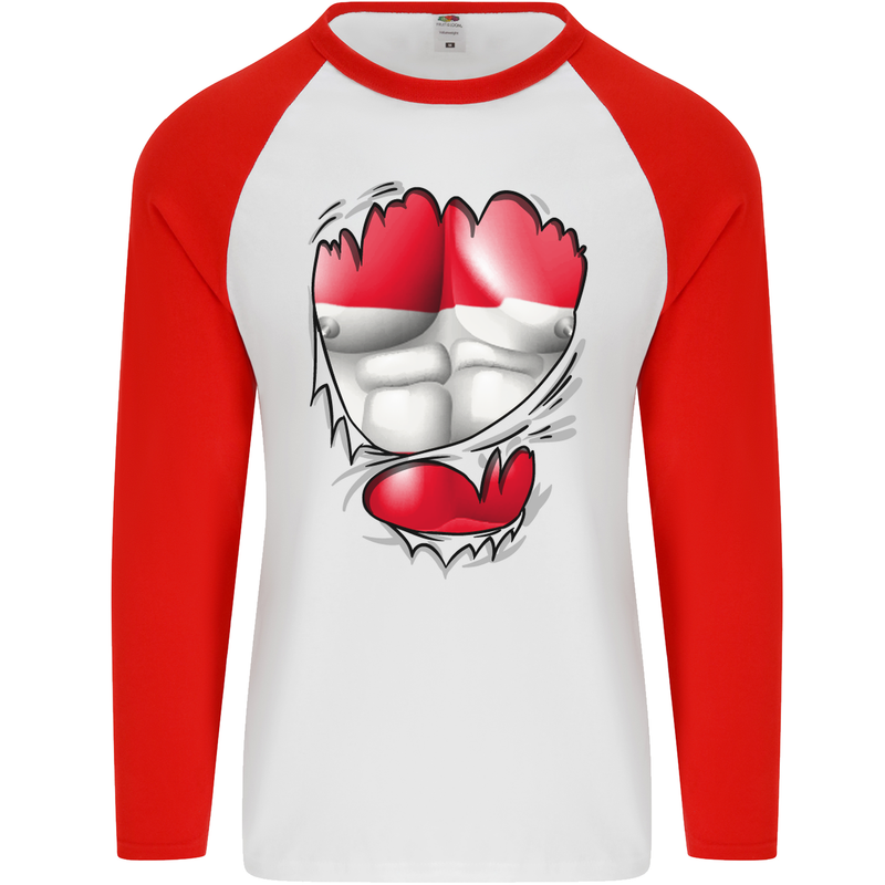 Gym The Austrian Flag Ripped Muscles Austia Mens L/S Baseball T-Shirt White/Red