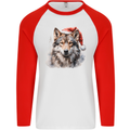 Christmas Wolf Mens L/S Baseball T-Shirt White/Red