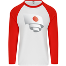 Curled Japan Flag Japanese Day Football Mens L/S Baseball T-Shirt White/Red