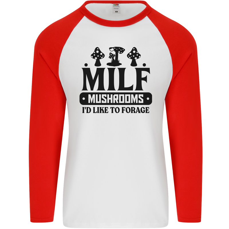 MILF Mushrooms I Like To Forage Mens L/S Baseball T-Shirt White/Red