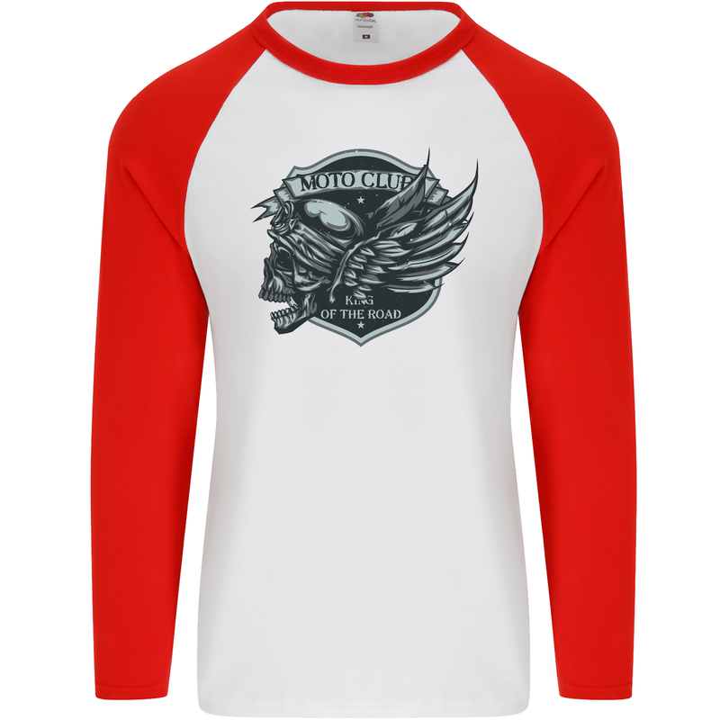 King of the Road Motorcycle Skull Biker Mens L/S Baseball T-Shirt White/Red