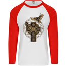 Odins Celtic Raven Viking Thor Ragnar Norse Mens L/S Baseball T-Shirt White/Red
