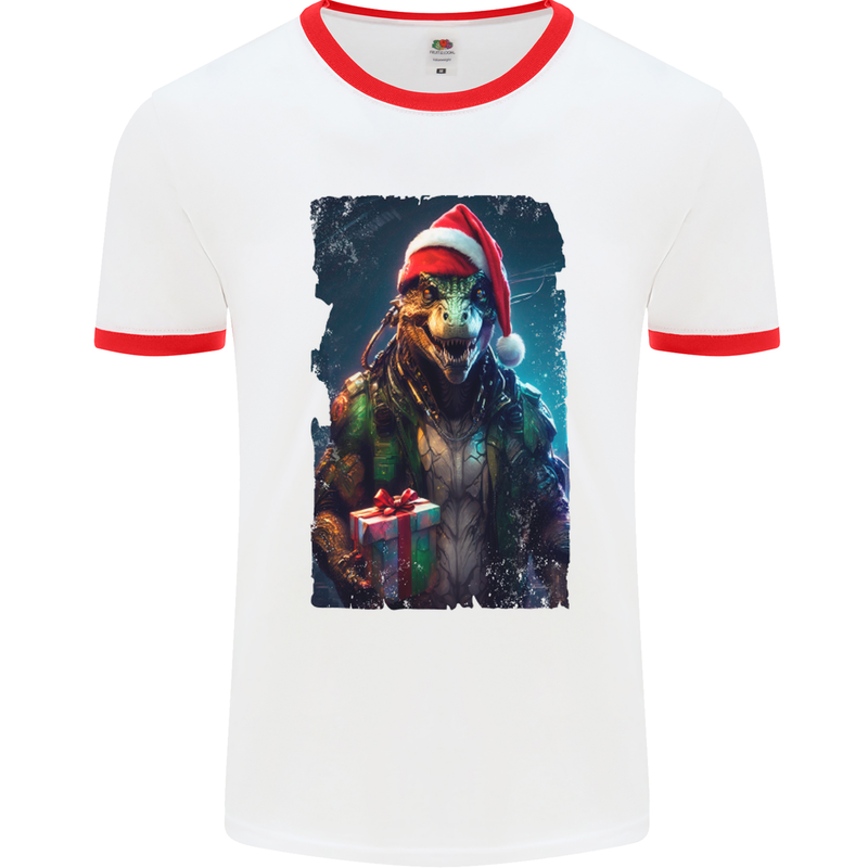 Christmas Reptile Dinosaur T-Rex Xmas Mens Ringer T-Shirt White/Red