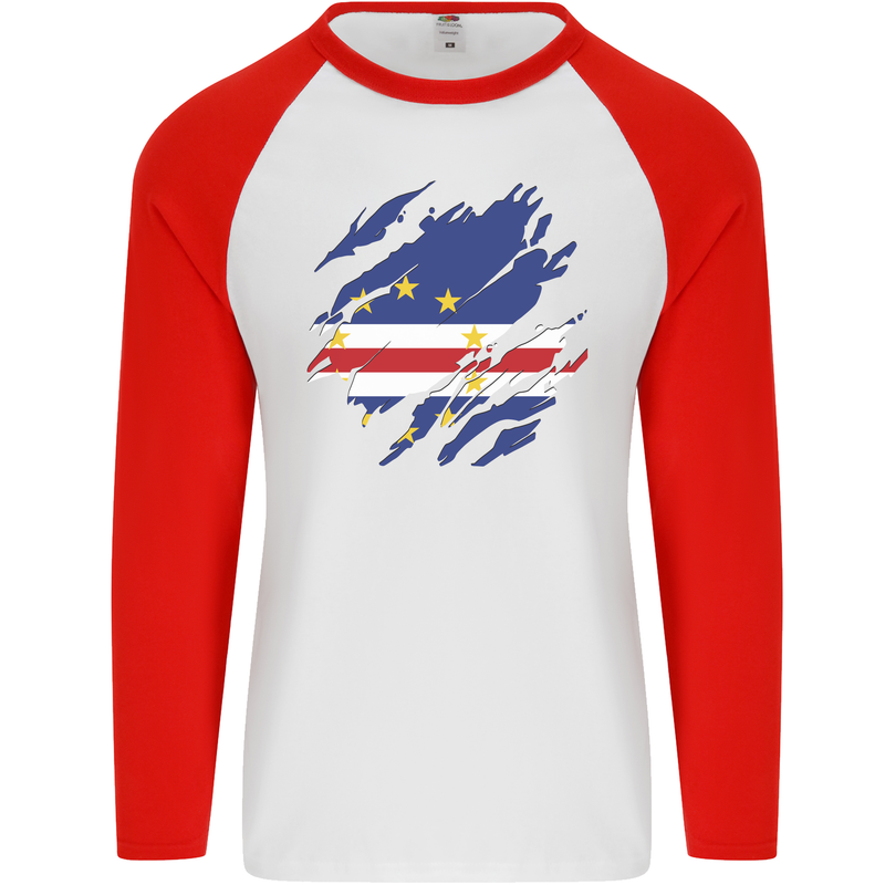 Torn Cape Verde Flag Verdean Day Football Mens L/S Baseball T-Shirt White/Red