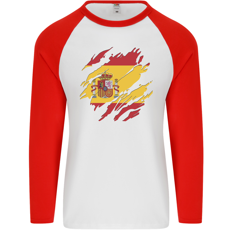 Torn Spain Flag Spanish Day Football Mens L/S Baseball T-Shirt White/Red