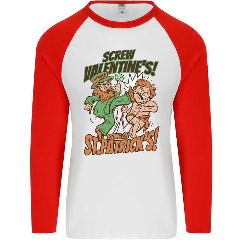 Screw Valentine's Day Funny St. Patrick's Mens L/S Baseball T-Shirt White/Red