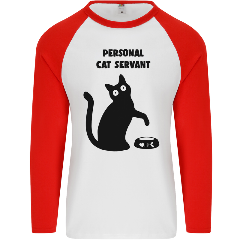 Personal Cat Servant Funny Pet Mens L/S Baseball T-Shirt White/Red