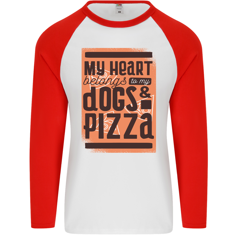 My Heart Belongs to Dogs & Pizza Funny Mens L/S Baseball T-Shirt White/Red