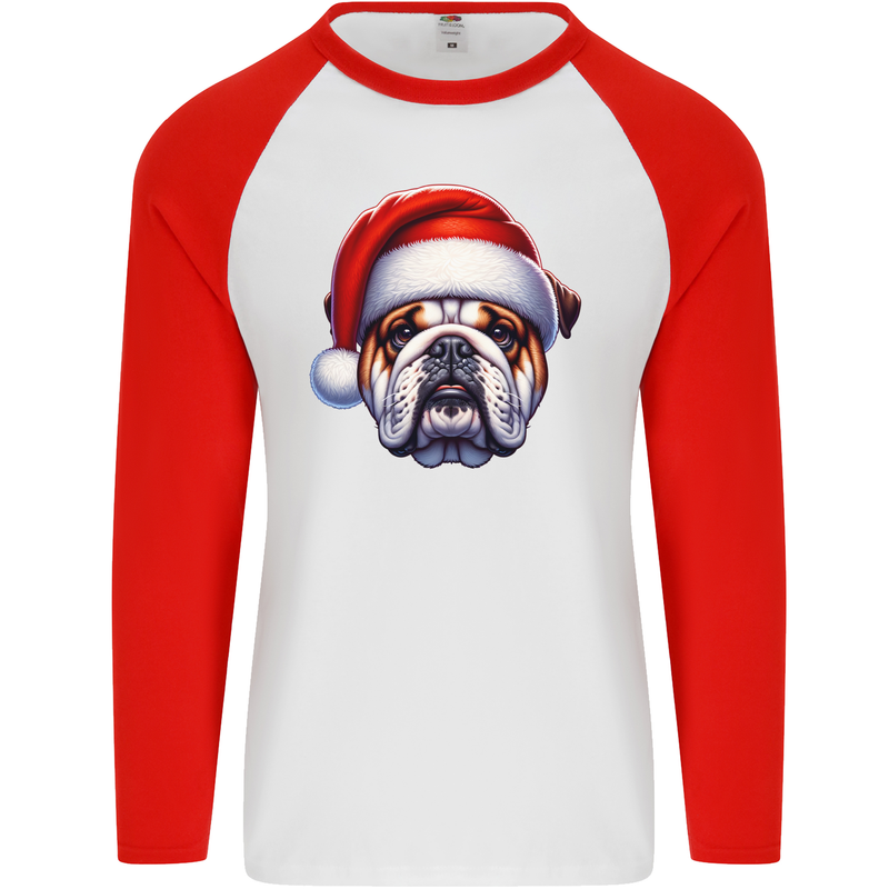 Christmas British Bulldog Xmas Dog Union Jack Mens L/S Baseball T-Shirt White/Red