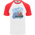 Santa Claus Fishing on a Pier Christmas Mens S/S Baseball T-Shirt White/Red