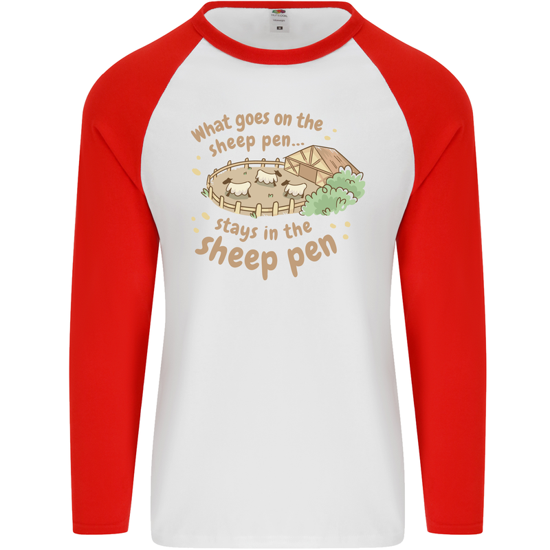 What Goes On In the Sheep Pen Farming Mens L/S Baseball T-Shirt White/Red