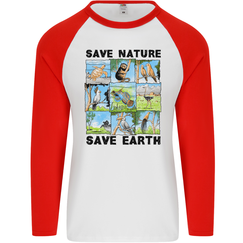 Save Nature Save Earth Ecology Environment Mens L/S Baseball T-Shirt White/Red