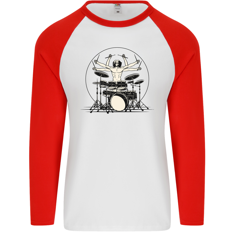 Virtruvian Drummer Funny Drumming Drum Mens L/S Baseball T-Shirt White/Red