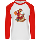 A Book Reading Dragon Bookworm Fantasy Mens L/S Baseball T-Shirt White/Red