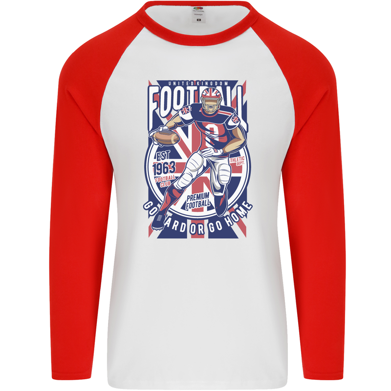 UK American Football Player Mens L/S Baseball T-Shirt White/Red