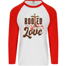 Christian Rooted in Love Christianity Jesus Mens L/S Baseball T-Shirt White/Red