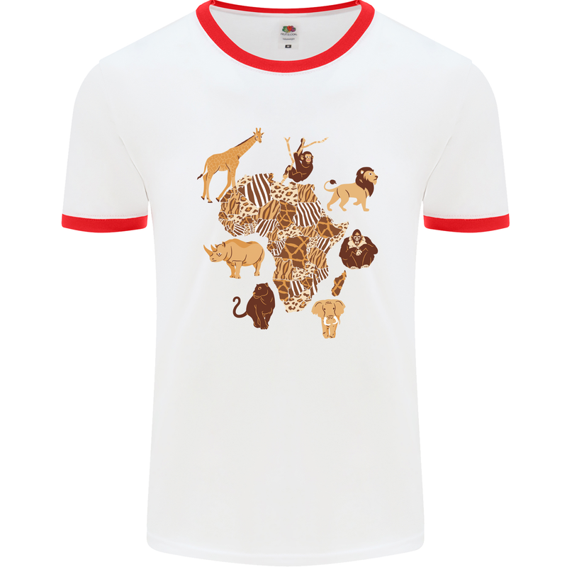 Africa Wildlife Map Giraffe Rhino Ape Elephant Lion Mens Ringer T-Shirt White/Red