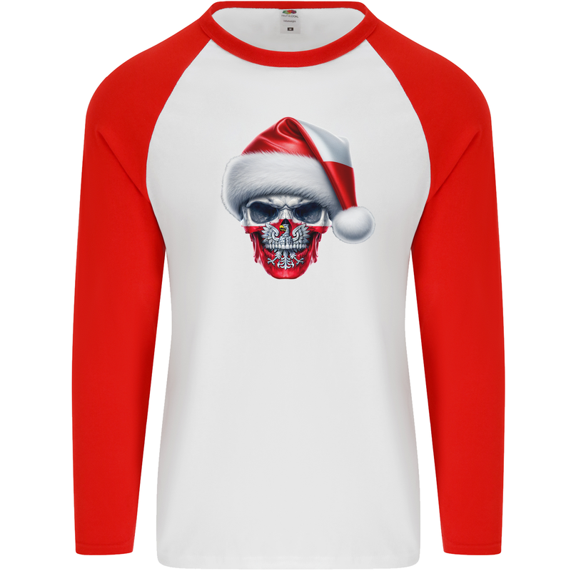 Poland Christmas Skull Xmas Polish Biker Flag Mens L/S Baseball T-Shirt White/Red