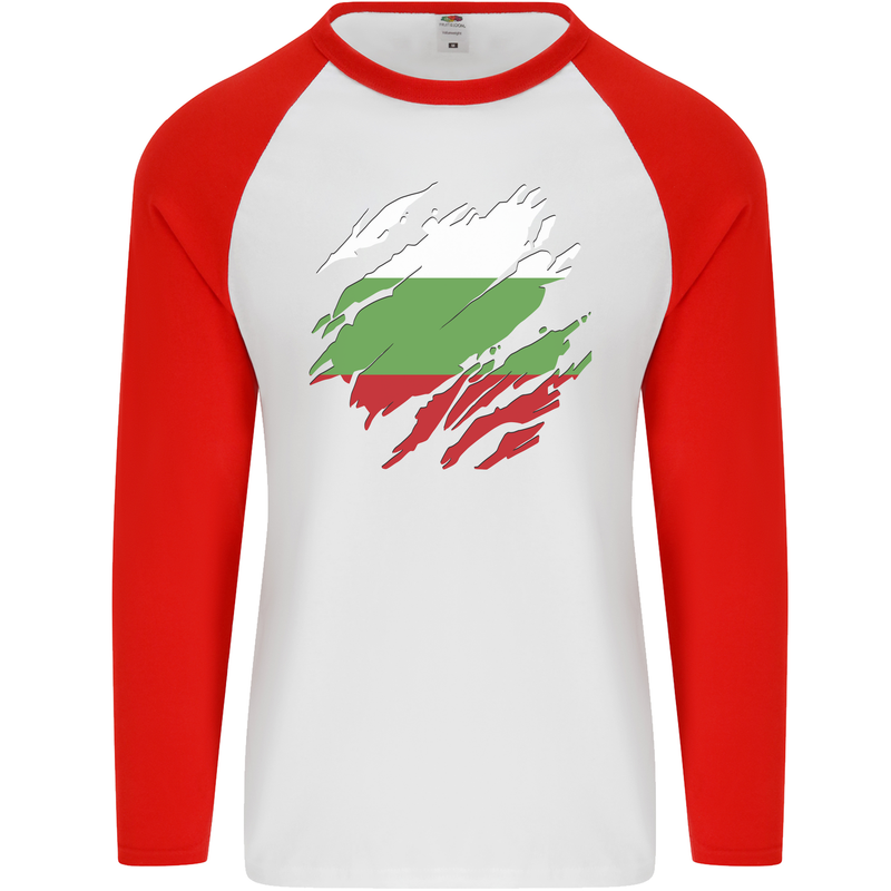 Torn Bulgaria Flag Bulgarian Day Football Mens L/S Baseball T-Shirt White/Red