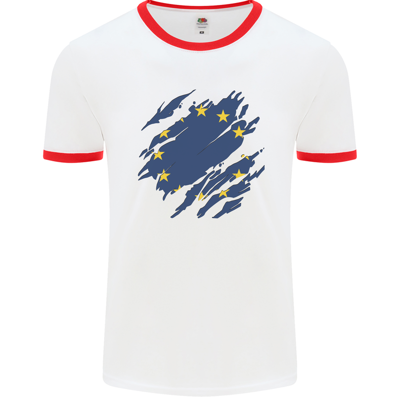 Torn EU Flag European Union Flag Football Mens Ringer T-Shirt White/Red