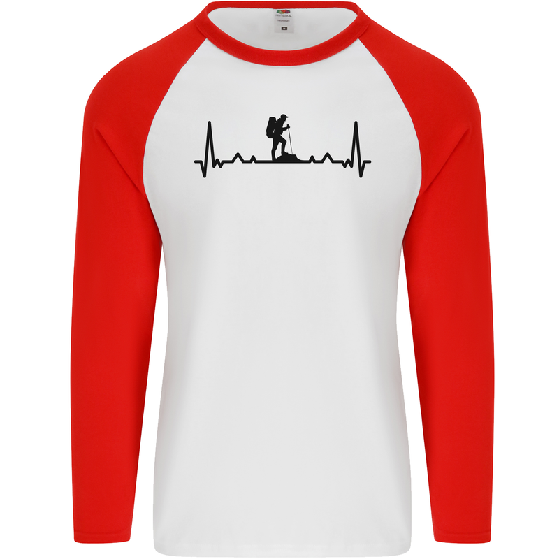 Hiking ECG Walking Rambling Trekking Pulse Mens L/S Baseball T-Shirt White/Red