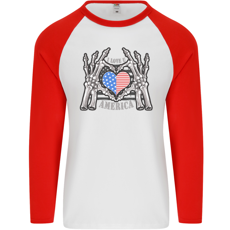 I Love You America 4th of July USA Flag Mens L/S Baseball T-Shirt White/Red