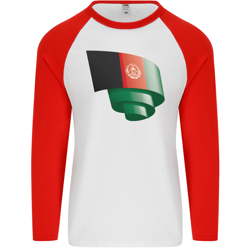 Curled Afghanistan Flag Afghan Day Football Mens L/S Baseball T-Shirt White/Red