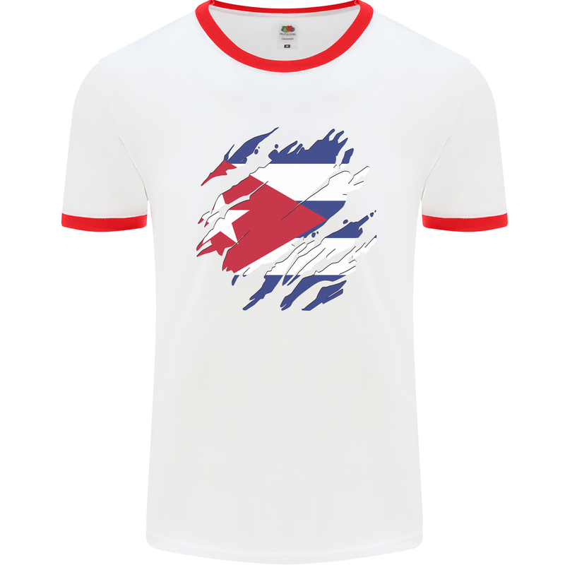 Torn Cuba Flag Cuban Day Football Mens Ringer T-Shirt White/Red