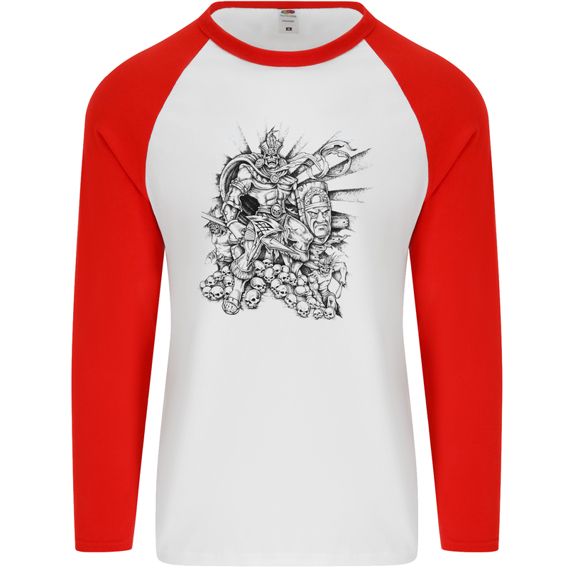 Inca Warrior Skull Gym Martial Arts MMA Axe Mens L/S Baseball T-Shirt White/Red