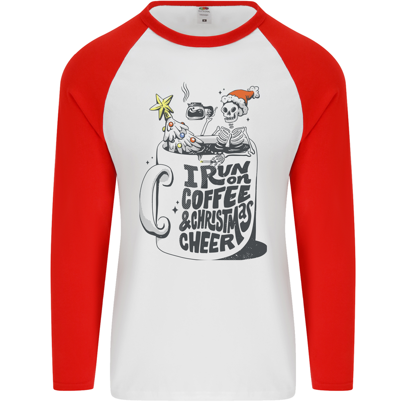 I Run On Coffee and Christmas Cheer Skull Mens L/S Baseball T-Shirt White/Red