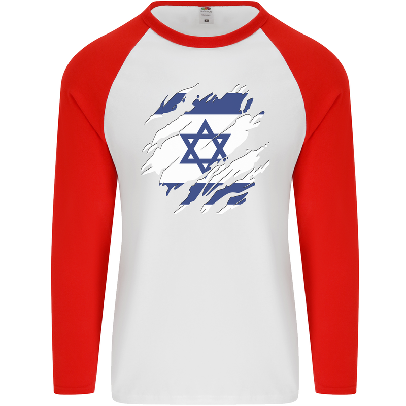 Torn Israel Flag Israeli Day Football Mens L/S Baseball T-Shirt White/Red