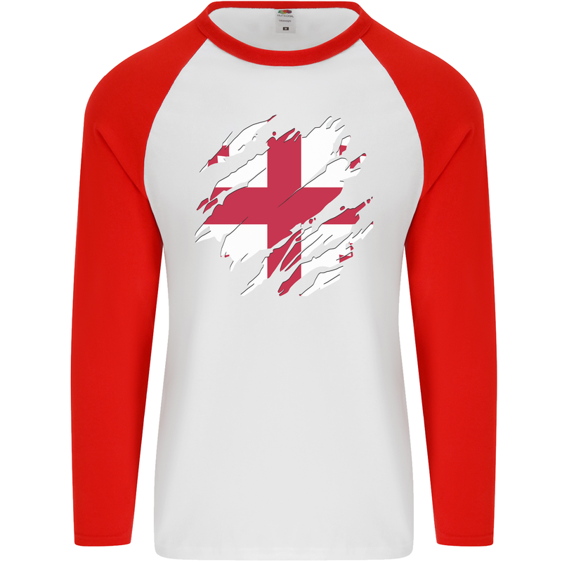 Torn Georgia Flag Georgian Day Football Mens L/S Baseball T-Shirt White/Red