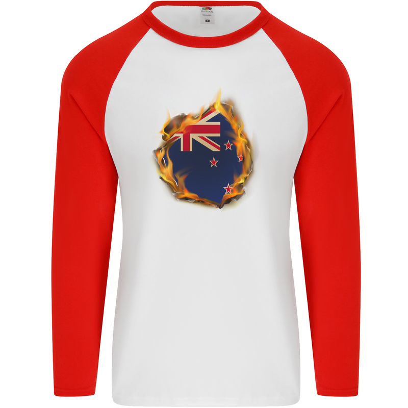 The Flag of New Zealand Fire Effect Kiwi Mens L/S Baseball T-Shirt White/Red