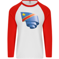 Curled DR Congo Flag Congolese Day Football Mens L/S Baseball T-Shirt White/Red