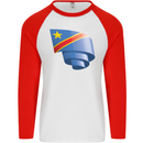 Curled DR Congo Flag Congolese Day Football Mens L/S Baseball T-Shirt White/Red