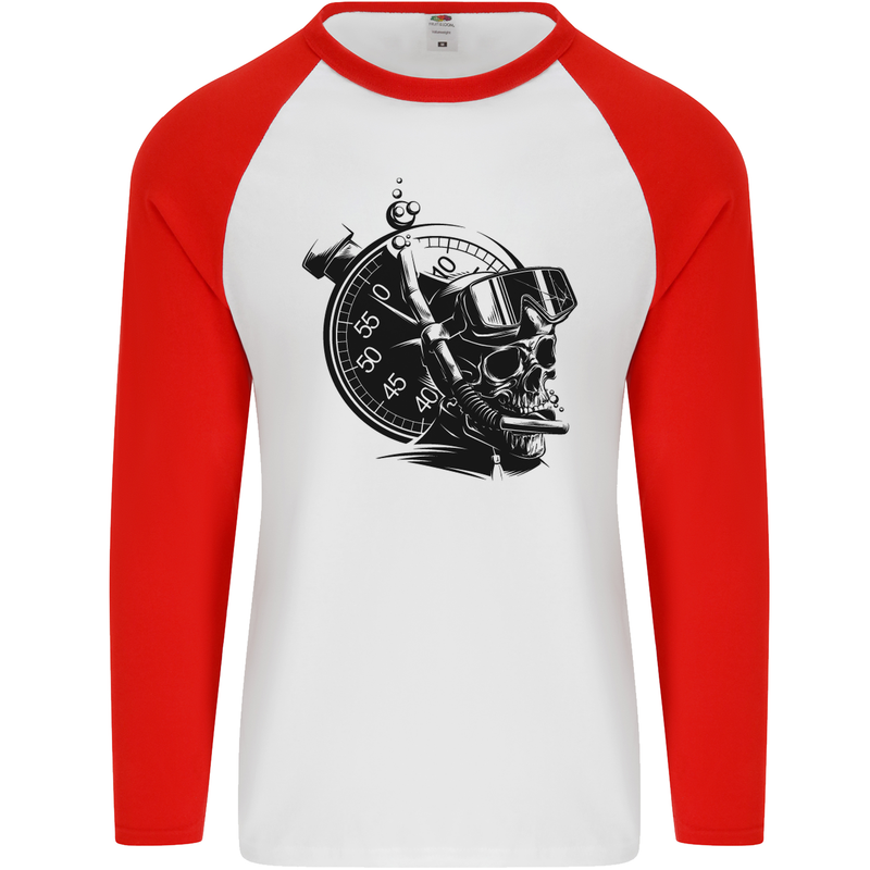 Scuba Diving Skull Diver Dive Deep Sea Mens L/S Baseball T-Shirt White/Red