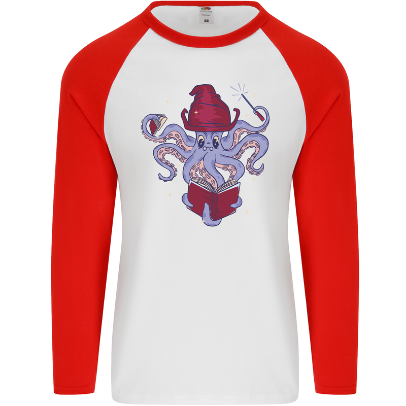 An Octopus Wizard Magic Magician Mens L/S Baseball T-Shirt White/Red