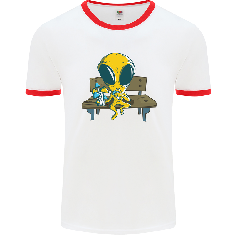 An Alien Eating Magic Mushrooms LSD Mens Ringer T-Shirt White/Red