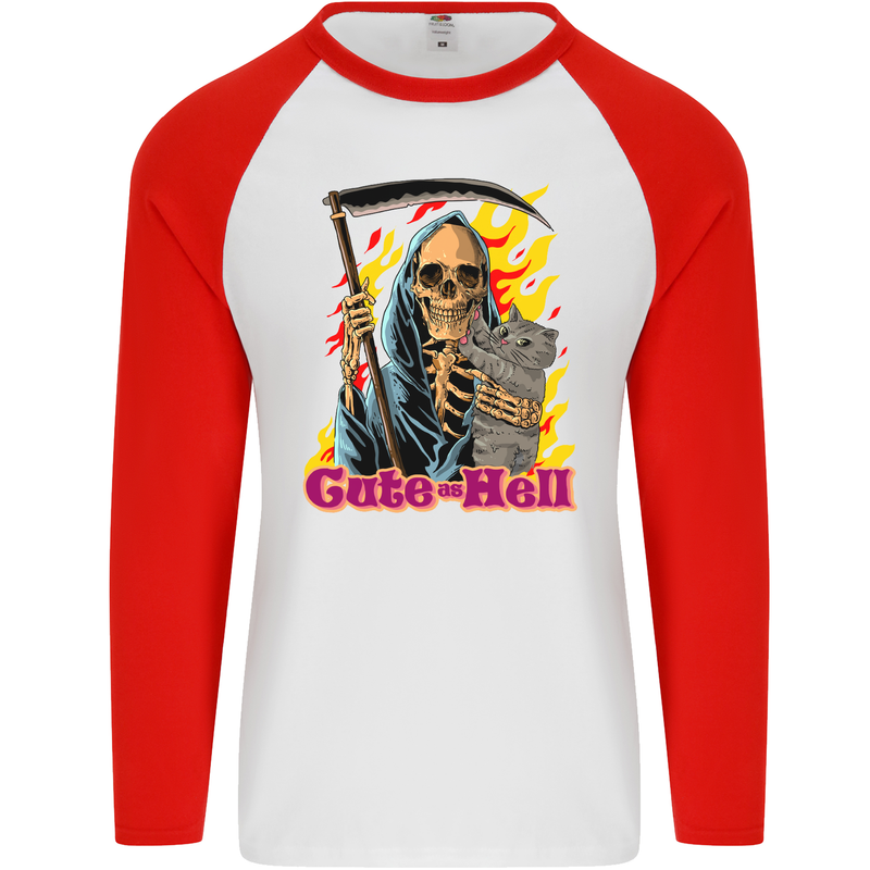 Cute Hell Cat Grim Reaper Skull Halloween Mens L/S Baseball T-Shirt White/Red