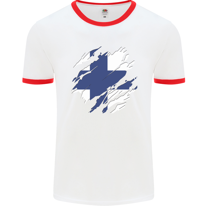 Torn Finland Flag Finnish Day Football Mens Ringer T-Shirt White/Red
