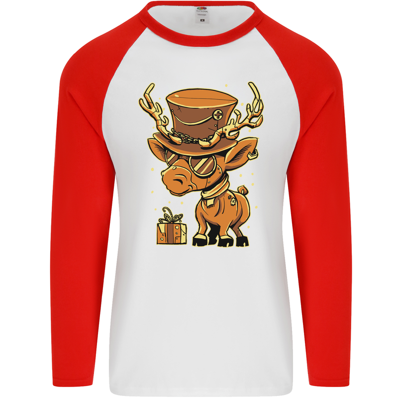 Steampunk Reindeer Funny Christmas Mens L/S Baseball T-Shirt White/Red