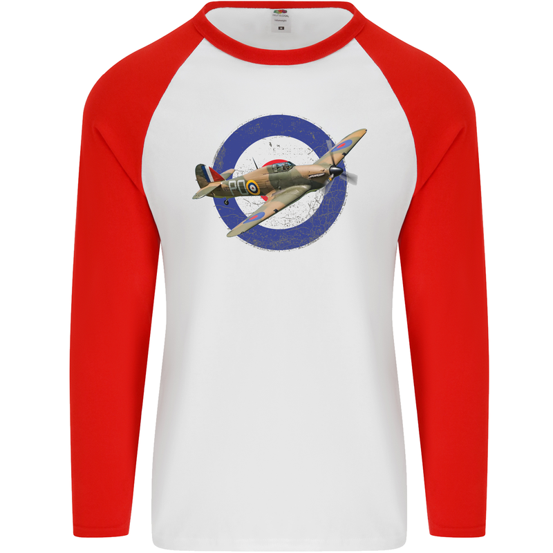 Hawker Hurricane With RAF Ensign Mens L/S Baseball T-Shirt White/Red