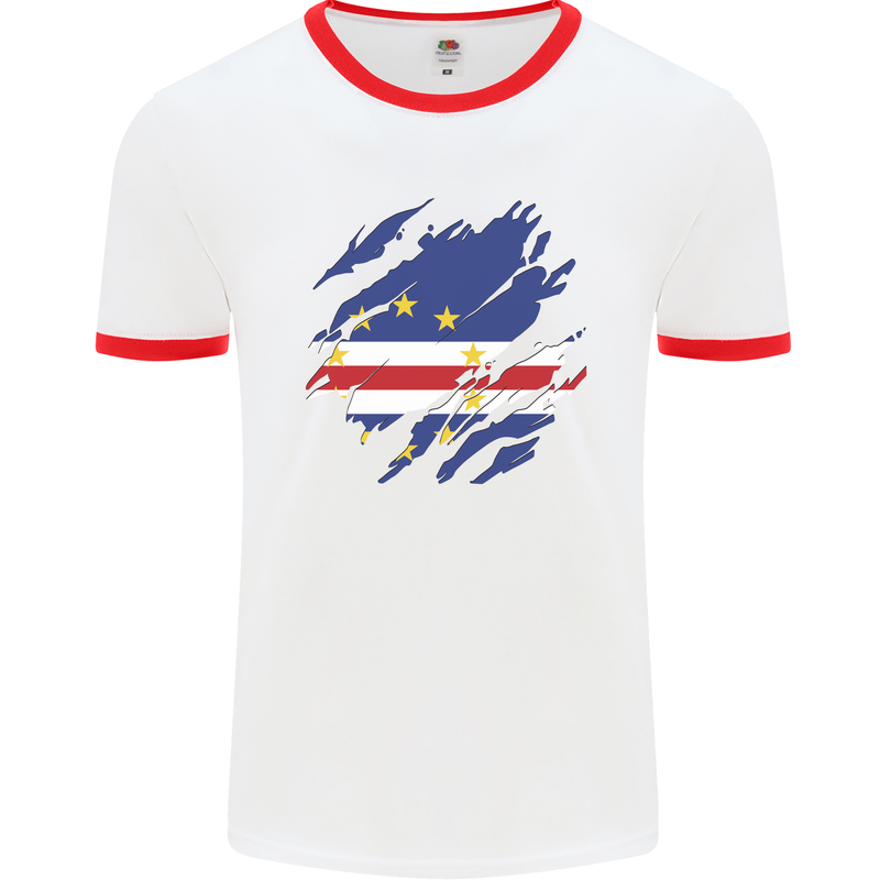 Torn Cape Verde Flag Verdean Day Football Mens Ringer T-Shirt White/Red