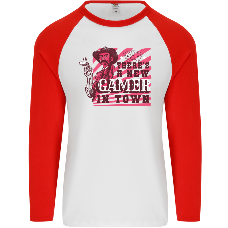 There's a New Gamer in Town Gaming Mens L/S Baseball T-Shirt White/Red