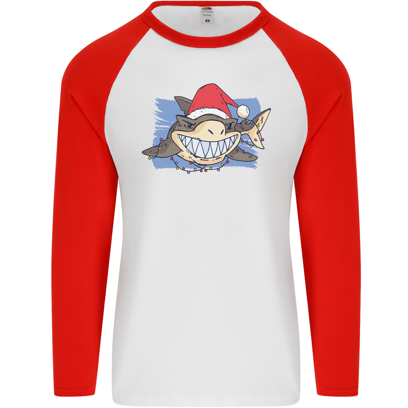 A Christmas Shark Wearing an Xmas Hat Mens L/S Baseball T-Shirt White/Red