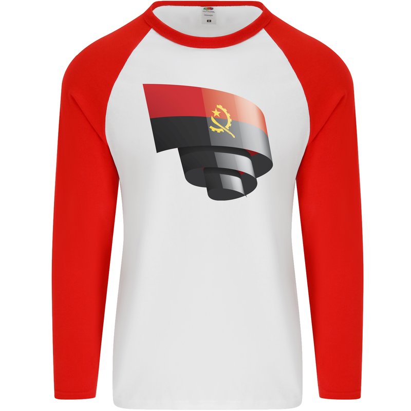 Curled Angola Flag Angolan Day Football Mens L/S Baseball T-Shirt White/Red