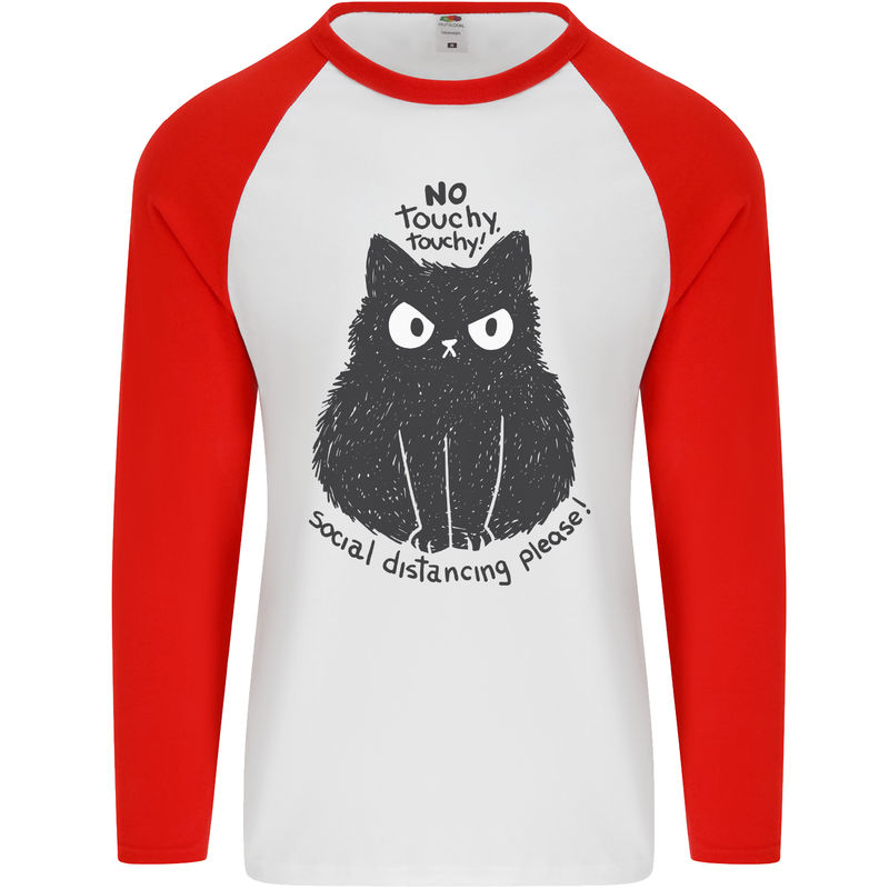 No Touchy Touchy Cat Mens L/S Baseball T-Shirt White/Red